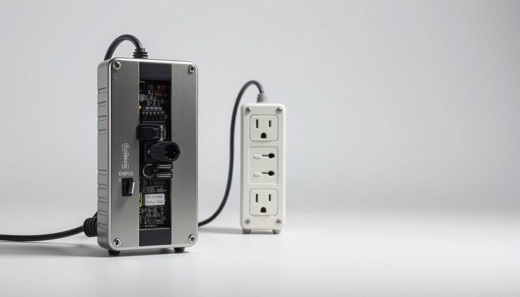 A detailed comparison of the "EMP Shield" and a standard surge protector, showcased in a meticulously lit studio setting. The "EMP Shield" stands prominently in the foreground, its sleek metallic casing and intricate circuitry meticulously captured by a high-resolution camera lens. In the middle ground, a conventional surge protector is positioned, its plastic housing and basic design elements providing a stark contrast. The background is a clean, minimalist backdrop, allowing the technical details of the devices to take center stage. The lighting is carefully balanced, creating realistic shadows and highlights that emphasize the differences in construction and functionality between the two power protection technologies.