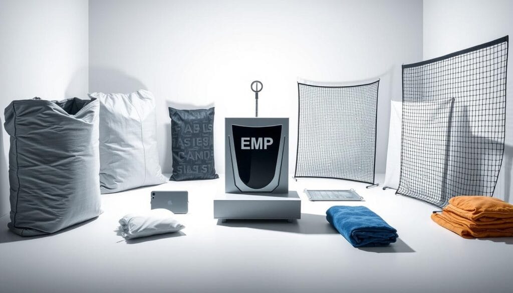 A detailed comparison of various EMP protection solutions, showcasing the EMP Shield technology in the center. A clean, well-lit scene with a sleek, minimalist design aesthetic. The EMP Shield device prominently displayed, surrounded by other protective measures like Faraday bags, mesh screens, and shielding fabrics. Subtle variations in texture, materials, and scale to highlight the differences. The lighting is crisp and directional, casting dramatic shadows to emphasize the technical nature of the subject. The overall tone is professional and authoritative, conveying the importance of effective EMP protection for the modern homeowner.