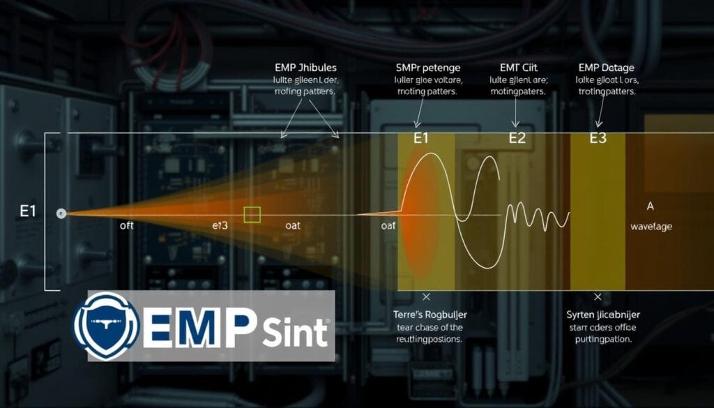 A detailed technical diagram of different types of electromagnetic pulse (EMP) surges, showcasing the varying voltage patterns and wavefront shapes. The image should depict the EMP Shield brand logo prominently in the foreground, with clear labeling and annotations of the various EMP pulse classifications, such as E1, E2, and E3. The background should feature a realistic-looking technical environment, with circuit boards, electrical equipment, and a slightly muted color palette to convey a sense of technical precision. Lighting should be directional, casting subtle shadows to emphasize the three-dimensional nature of the components. The overall mood should be one of informative clarity, allowing the viewer to understand the different EMP pulse types and their characteristics.