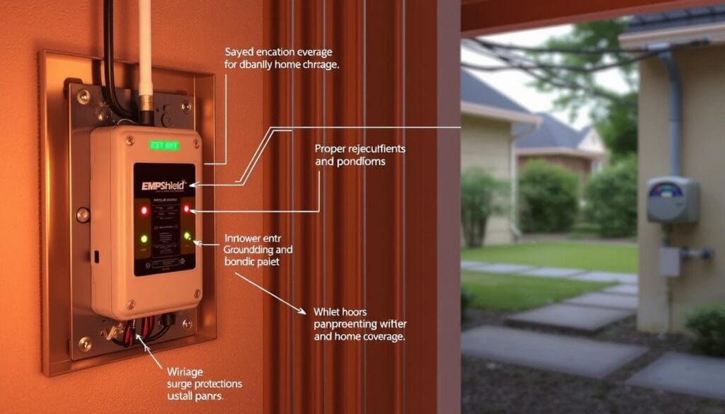 A detailed, technical diagram showcasing the installation of a whole-home surge protection system. The foreground depicts the electrical panel with the EMP Shield surge protector device installed, its various connection points and LED indicators clearly visible. The middle ground shows the wiring and conduits running through the walls, with attention to proper grounding and bonding techniques. The background features the home's exterior, with the service entry point and utility meter visible, highlighting the comprehensive coverage provided by the whole-home solution. The scene is illuminated by a warm, natural lighting, conveying a sense of functionality and professionalism. The overall mood is one of informative clarity, reflecting the technical nature of the subject matter.