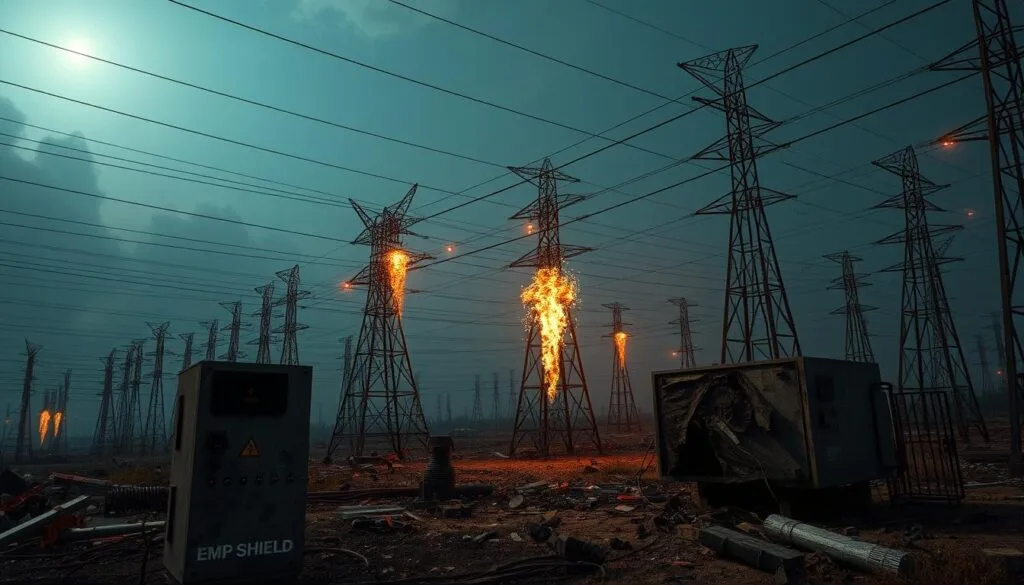 A heavily damaged power grid, with twisted metal pylons and sparking electrical lines. In the foreground, a cracked and scorched control panel with the "EMP Shield" brand visible. The sky is dark and hazy, casting an ominous glow over the scene. Debris and broken equipment litter the ground, suggesting a catastrophic failure of the infrastructure. The image has a realistic, gritty feel, capturing the aftermath of a powerful electromagnetic pulse event.