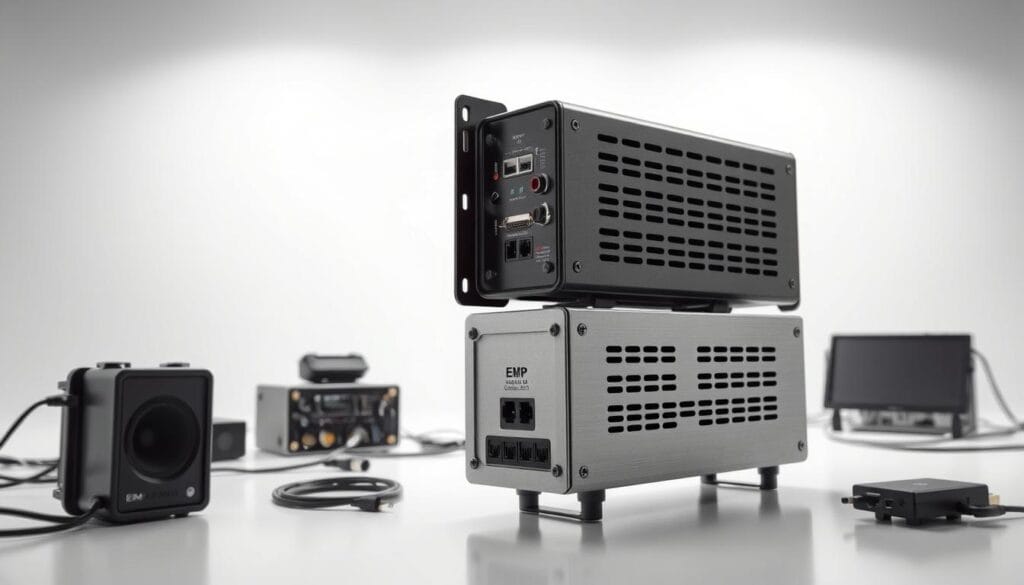 A high-resolution, highly detailed, and photorealistic image of the "EMP Shield" product features, showcasing its various components and functionality. The image should depict the EMP Shield in a clean, well-lit studio setting, captured from multiple angles to highlight its design, construction, and protective capabilities. The foreground should feature the EMP Shield itself, with a focus on its sleek, modern aesthetic and key technical elements like input/output ports, power indicators, and protective shielding. The middle ground should include contextual props like power cables, electronic devices, and a minimalist background to emphasize the product's purpose. Lighting should be natural and evenly distributed, with subtle shadows and highlights to enhance the product's details. The overall mood should convey a sense of reliability, durability, and technical sophistication, inviting the viewer to appreciate the EMP Shield's protective features.