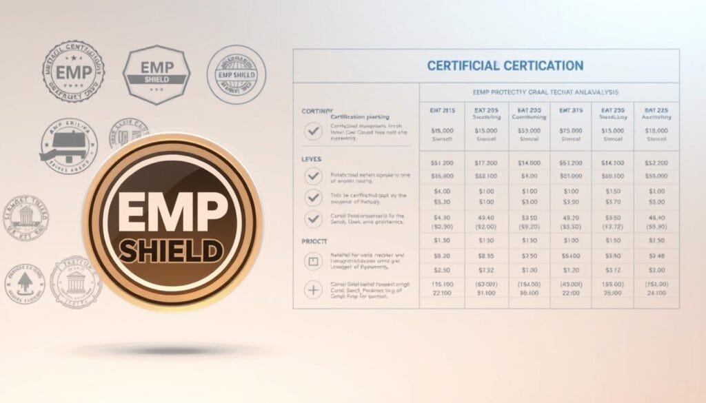 A highly detailed technical illustration showcasing the EMP Shield certification process and cost analysis. The image features a clean, technical aesthetic with a neutral color palette. In the foreground, the EMP Shield logo is prominently displayed, surrounded by various certification seals and stamps. The middle ground depicts a breakdown of the certification requirements, with diagrams and schematics outlining the testing procedures. In the background, a comprehensive cost analysis chart highlights the pricing structure for different levels of EMP protection, allowing viewers to assess the investment necessary for safeguarding their systems. The lighting is soft and evenly distributed, creating a sense of professionalism and authority. The overall composition is balanced and visually compelling, effectively conveying the technical details and practical considerations of implementing EMP Shield solutions.