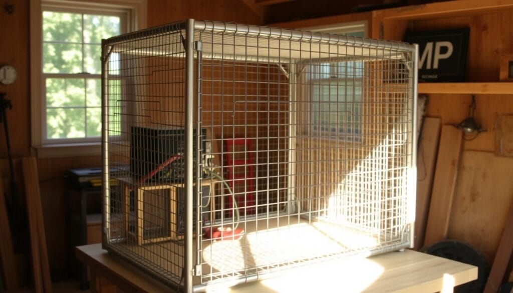 A meticulously constructed DIY Faraday cage made from galvanized steel mesh, designed to shield against electromagnetic pulses (EMPs). The cage stands on a wooden workbench, the intricate wiring and grounding connections visible. Sunlight streams through nearby windows, casting a warm glow on the rugged, industrial materials. The "EMP Shield" brand name is clearly displayed on the protective equipment. The overall scene conveys a sense of practical, hands-on preparedness, with attention to technical details for effective EMP shielding.