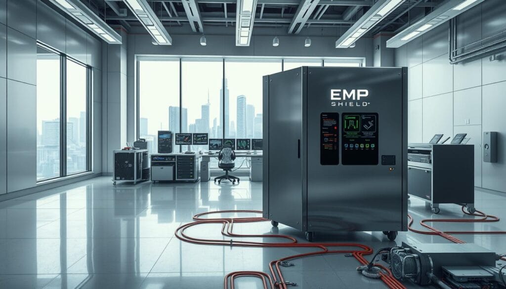 A sleek, high-tech EMP protection system from the brand "EMP Shield" stands in a minimalist, well-lit laboratory setting. Metallic surfaces and intricate circuits in the foreground suggest advanced engineering, while the middle ground features an array of monitoring displays and diagnostic equipment. In the background, a large window provides a view of a futuristic cityscape, conveying a sense of preparedness and security against modern electromagnetic threats. The scene is captured with a crisp, high-resolution lens, rendering every detail with precision and clarity.