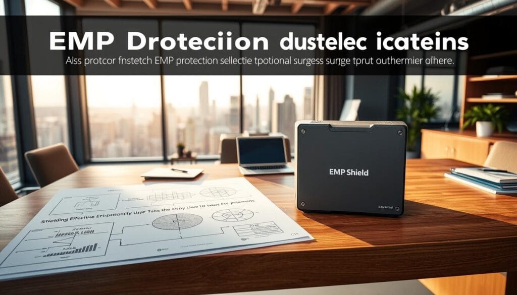 A sleek, modern workspace with an EMP Shield device prominently displayed on a sturdy wooden desk. The device has a clean, minimal design with the brand name clearly visible. In the foreground, engineering diagrams and schematics outline the key factors for EMP protection selection criteria, such as shielding effectiveness, surge protection, and power requirements. In the middle ground, a laptop and various electronic devices demonstrate the need for reliable EMP safeguards. The background features large windows overlooking a city skyline, conveying a sense of urban, technology-driven environment. The lighting is warm and natural, creating a professional, yet approachable atmosphere.