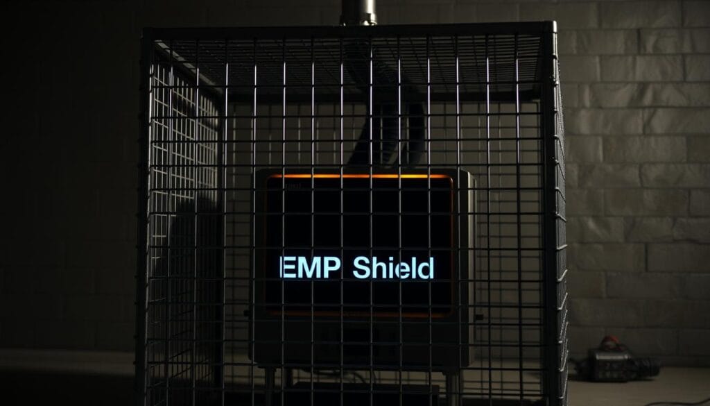 A sturdy, metallic Faraday cage enclosing a sleek, modern electronic device labeled "EMP Shield". The cage casts dramatic shadows, highlighting its robust, grid-like structure. The device inside glows softly, emitting a warm, amber-tinted light that filters through the openings in the cage. The scene is captured in a high-contrast, cinematic lighting setup, creating a sense of safety and protection against the threat of electromagnetic pulses. The background is a muted, industrial palette, emphasizing the functional, engineering-focused nature of the setup.