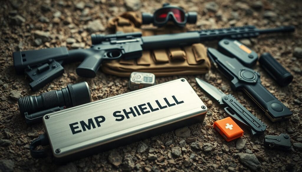 A tactical field kit laid out on a rugged, textured surface. In the foreground, an "EMP Shield" device, its sleek metallic casing gleaming under focused lighting. Surrounding it, a collection of essential survival gear - a high-lumen tactical flashlight, a military-grade multi-tool, a durable outdoor knife, and a compact first-aid kit. In the middle ground, a bulletproof vest rests, its kevlar weave visible. Behind it, a scope-equipped rifle and a pair of high-impact goggles suggest readiness for tactical defense. The overall scene conveys a sense of preparedness, a practical collection of tools for personal protection and survival in the face of an electromagnetic pulse event.