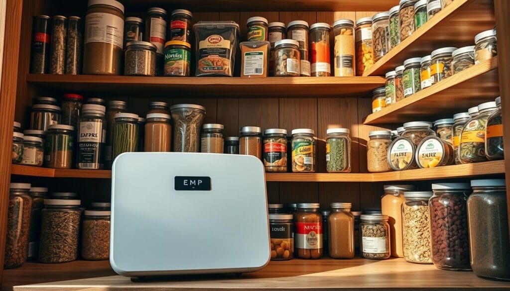 A well-stocked pantry with a variety of long-term, shelf-stable foods, organized on sturdy wooden shelves. The lighting is warm and natural, casting gentle shadows that highlight the textures and colors of the canned goods, dried herbs, and sealed containers. In the foreground, an EMP Shield device sits prominently, its sleek, modern design a testament to the importance of protecting this vital food supply. The overall atmosphere conveys a sense of preparedness, self-reliance, and a commitment to long-term sustainability.