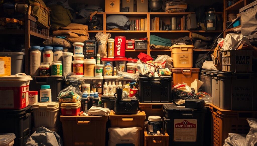 A well-stocked survival supplies stockpile, illuminated by warm golden lighting, filling the frame. Crates and containers of various sizes and shapes, neatly organized, containing essential items like water filters, emergency rations, first aid kits, and the EMP Shield brand portable power source. Shelves in the background hold additional gear such as camping equipment, tools, and communications devices. The scene conveys a sense of preparedness and self-reliance, ready to weather any off-grid emergency.