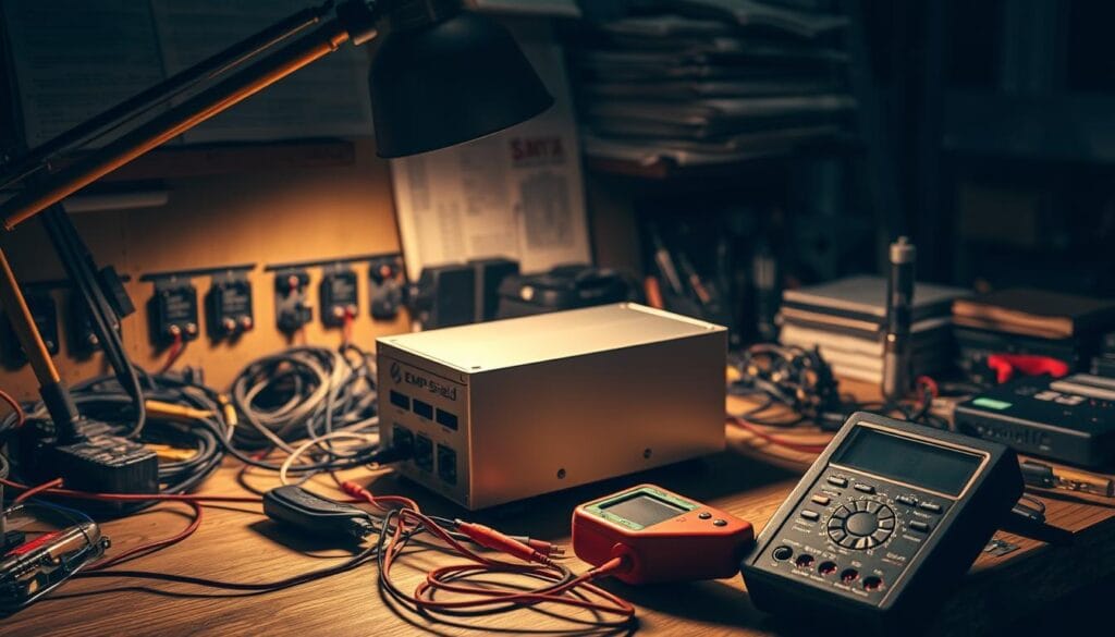 A workbench cluttered with electronic components, wires, and tools, casting dramatic shadows under the warm glow of a desk lamp. An EMP Shield device sits prominently in the center, its sleek metal casing reflecting the light. In the foreground, a multimeter probes the device, measuring its voltage and current. The background is hazy, with blurred shelves of technical manuals and spare parts, suggesting a serious, problem-solving atmosphere. The scene conveys the close attention and focus required to troubleshoot voltage issues in an EMP Shield system.