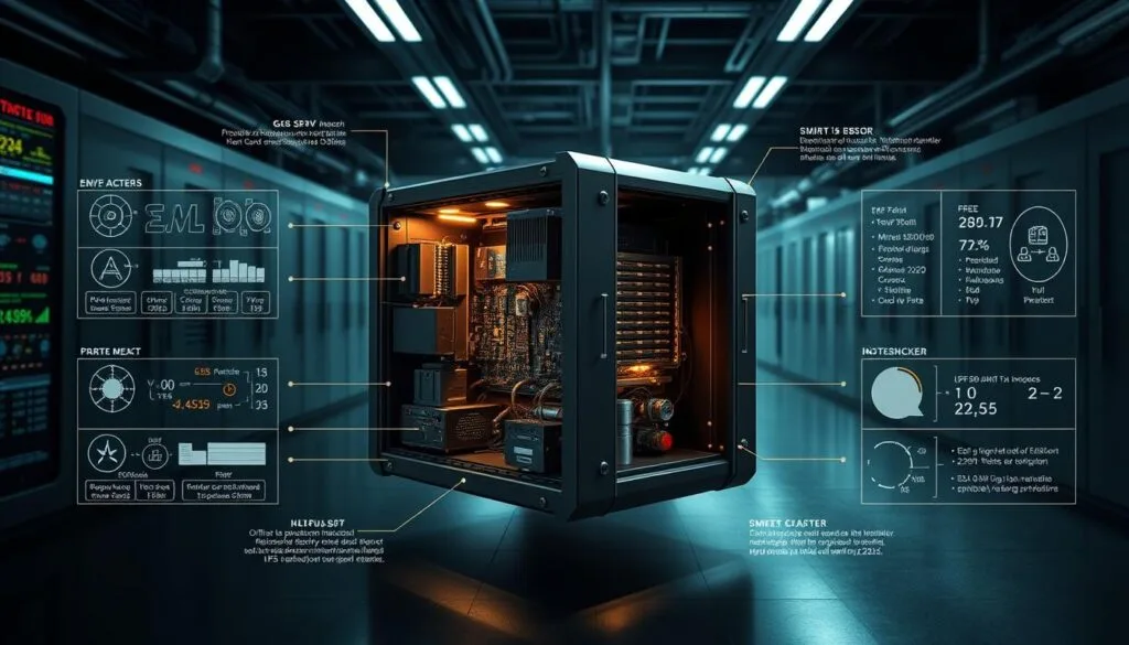 Detailed schematic diagram of an "EMP Shield" system, showcasing the internal components and protective mechanisms. A sleek, modern industrial design with a matte black finish. The shield is depicted in a well-lit, three-quarter angle view, highlighting the intricate circuitry, heat sinks, and modular construction. The background depicts a dimly lit, high-tech research laboratory setting, with a sense of urgency and importance conveyed through the lighting and atmosphere. Technical specifications and performance metrics are visible on digital readouts and display panels surrounding the EMP Shield, providing an informative and visually striking illustration of this critical protective technology.