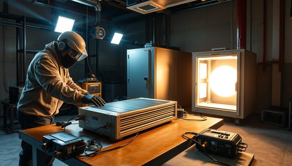 EMP Shield real-world testing: a high-tech power surge demonstration in a controlled environment. A technician in protective gear positions a sleek, metal EMP Shield device on a sturdy table, surrounded by an array of monitoring equipment. Bright floodlights illuminate the setup, creating dramatic shadows and highlights. In the background, a specialized test chamber looms, ready to simulate the intense electromagnetic pulse. The atmosphere is tense, yet focused, as the team prepares to push the EMP Shield to its limits, capturing crucial data on its resilience and effectiveness.