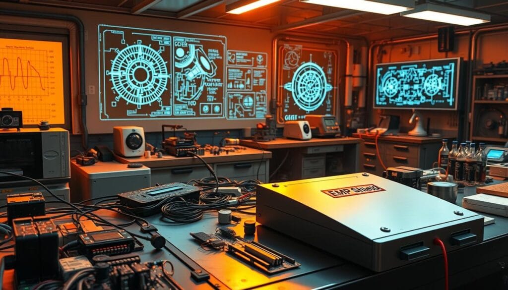 High-resolution image of a futuristic laboratory workspace, featuring an array of EMP shield components and scientific instruments. The scene is illuminated by warm, directional lighting casting dramatic shadows. In the foreground, a sleek metallic device emblazoned with the "EMP Shield" logo sits on a high-tech workbench, surrounded by an assortment of circuit boards, wires, and electronic modules. In the middle ground, a series of complex diagrams and schematics are displayed on large holographic displays, while in the background, various scientific instruments and measurement equipment are visible, creating a sense of a dedicated research facility focused on understanding the science behind electromagnetic pulses.